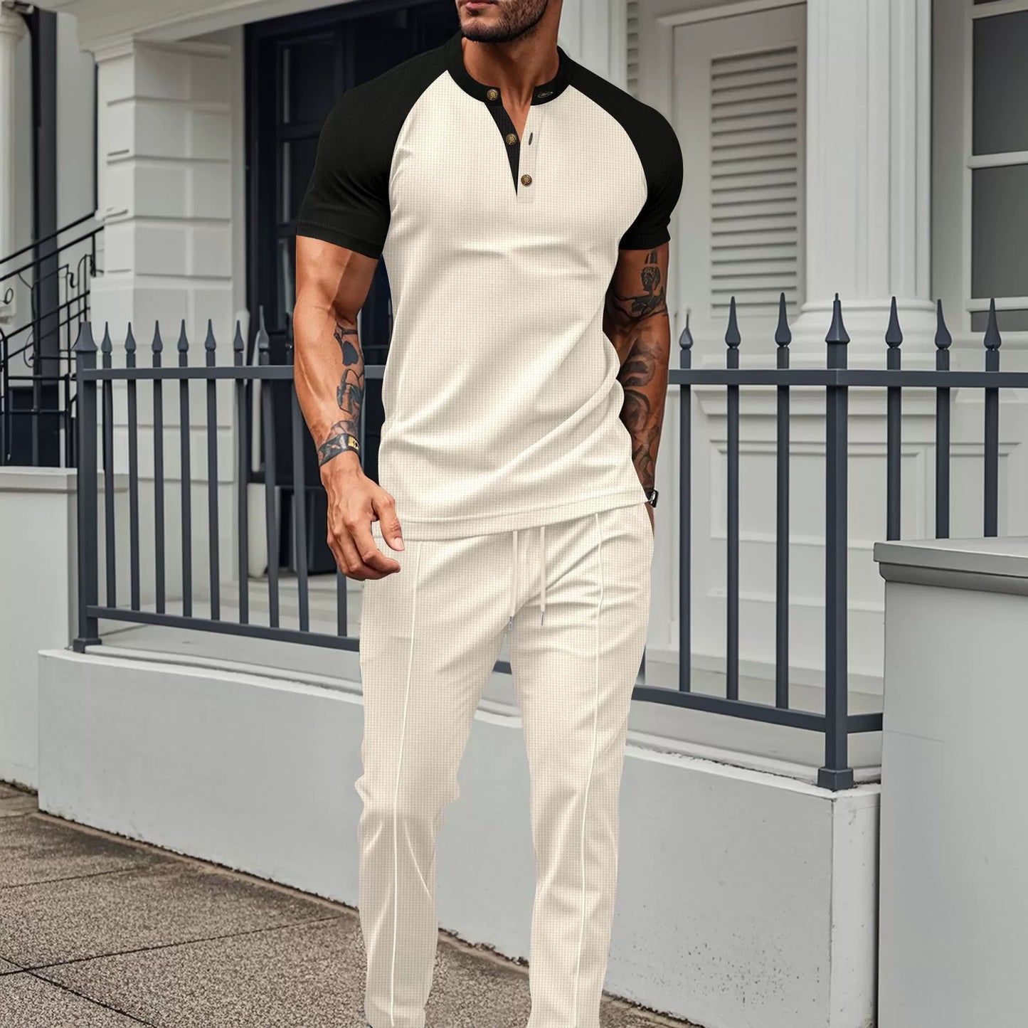 Men's summer casual suit set by Ansoff with round neck T-shirt and trousers, perfect for Europe and the U.S. in 2025.