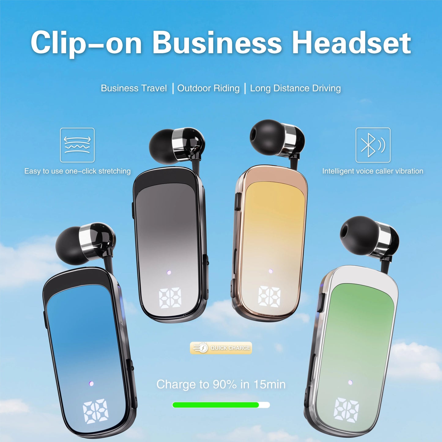 Ansoff K65 Lavalier Bluetooth 5.2 headset with LED display, noise cancelling wireless earphones for talk and music, 20-hour battery