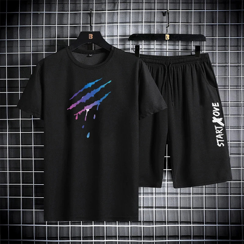 Ansoff men's summer shorts set with short sleeve tee and casual tracksuit pants, ideal for gym, casual wear, or student outfits.