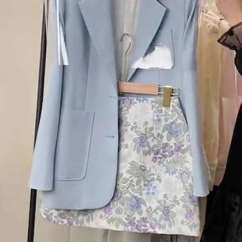 Ansoff blue floral skirt suit set for women with vest and printed skirt, perfect for spring, stylish Korean-inspired fashion.