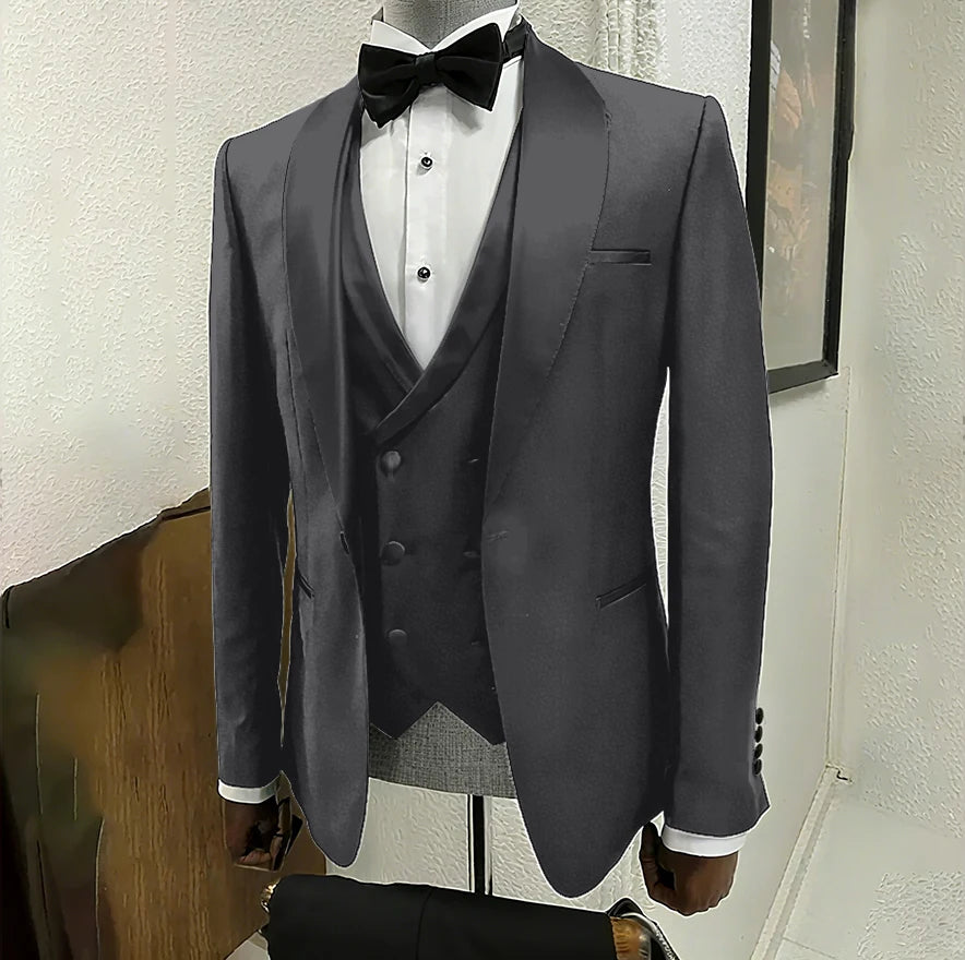 Men's black 3-piece tuxedo by Ansoff with shawl lapel, one button, slim fit, suitable for weddings, parties, and formal events.