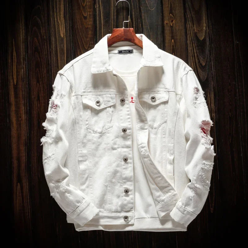 Men's slim fit denim jean jacket by Ansoff, featuring red, white, black colors with ripped holes, casual streetwear outerwear.