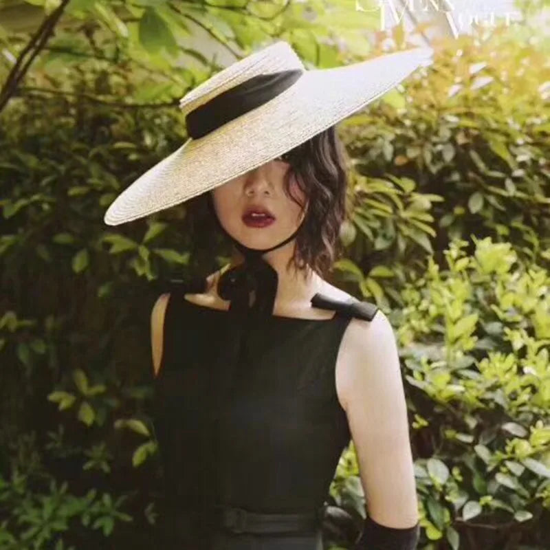 Summer Big Natural Straw Hats For Women Handmand Wide Brim Beach Visor Caps Elegant Flat Top Long Ribbon Lace-Up Sun Hat