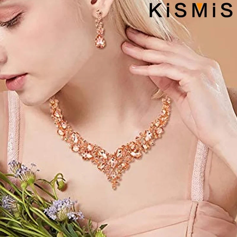 Elegant Bridal Crystal Rhinestone Necklace Earrings Set Wedding Valentine Gift Teardrop Dangle