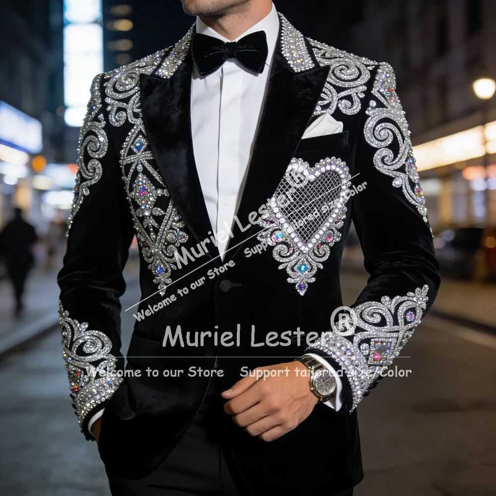Ansoff men's diamond beading velvet tuxedo for weddings, single-breasted groom suit with custom 2-piece set, elegant formal attire