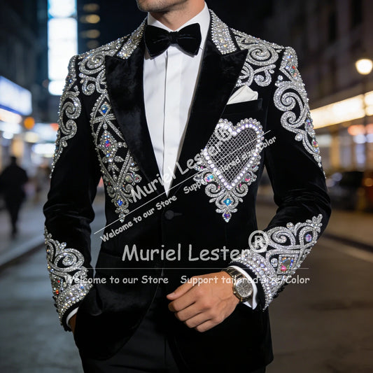 Ansoff men's diamond beading velvet tuxedo for weddings, single-breasted groom suit with custom 2-piece set, elegant formal attire
