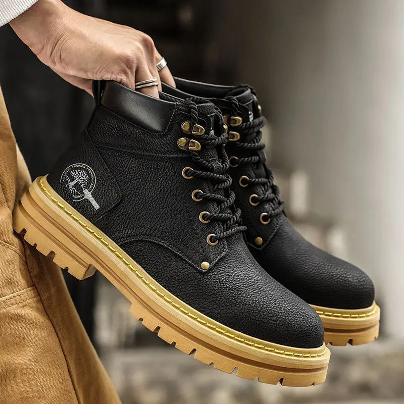 Ansoff men's leather motorcycle boots with high-top design, non-slip soles, and comfortable platform for outdoor work and casual wear.