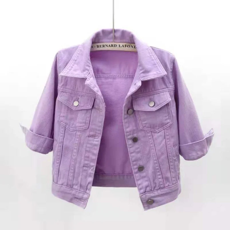 Pink denim jacket for women by Ansoff, casual spring and autumn short coat with colorful loose jean-style tops and outerwear.