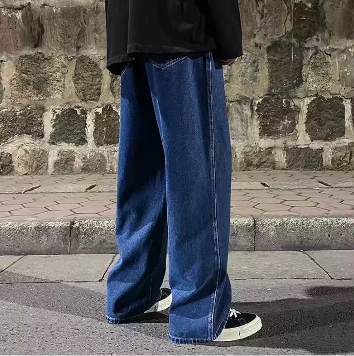 Ansoff men's streetwear loose jeans in black and light blue with wide-leg, straight fit, Korean style fashion casual pants.