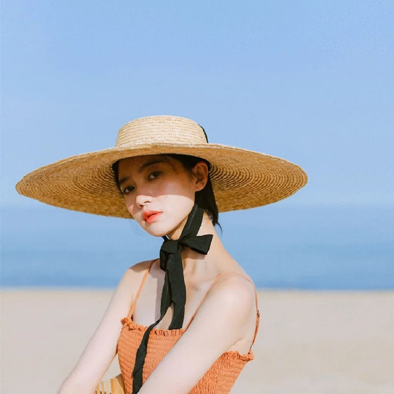Summer Big Natural Straw Hats For Women Handmand Wide Brim Beach Visor Caps Elegant Flat Top Long Ribbon Lace-Up Sun Hat