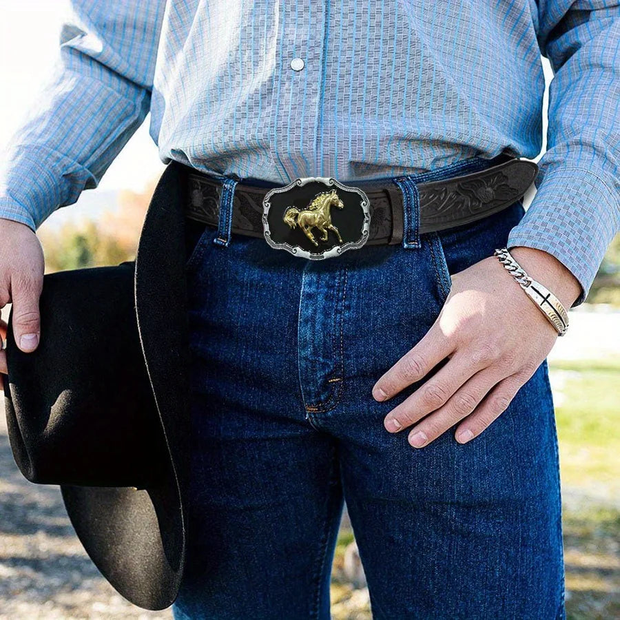 Western men's denim belt by Ansoff with wild horse buckle, retro style, unisex design, pairs with jeans and casual wear.