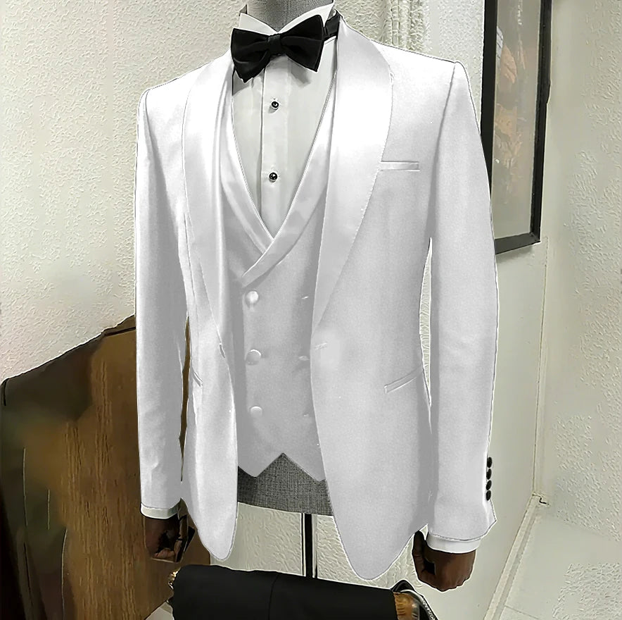 Black men's 3-piece tuxedo with shawl lapel, one button, slim fit, suitable for wedding, groom, or formal occasions by Ansoff