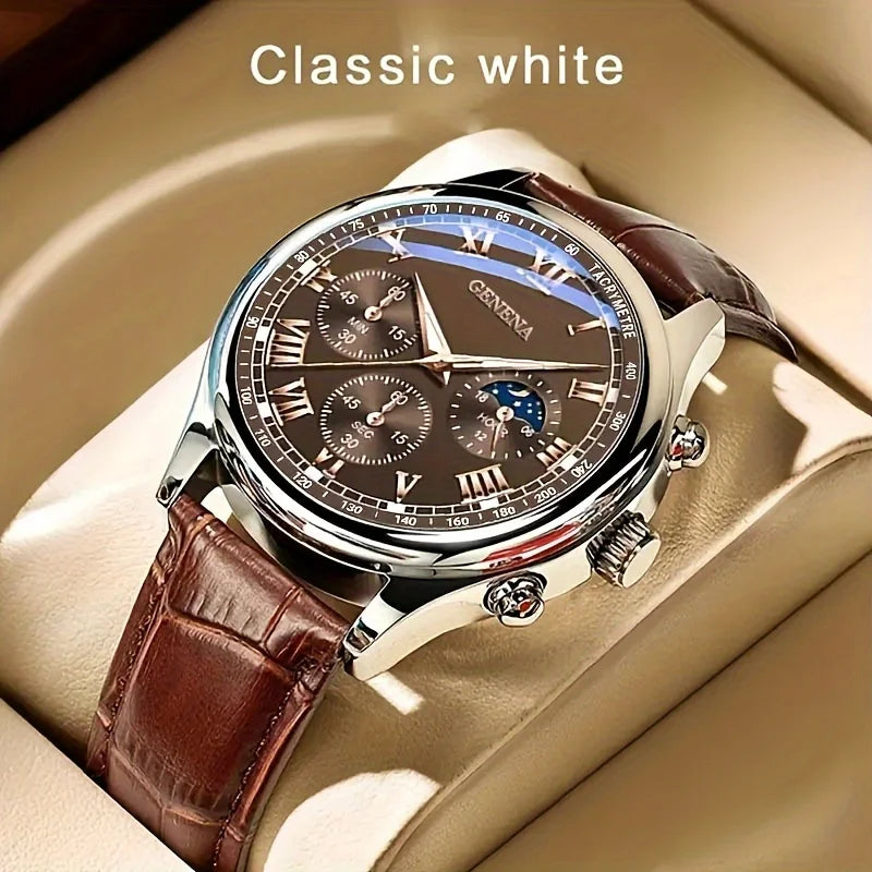 GENEVA High Quality Men's Luxury Belt Fashion Quartz Watch Men Round Business Student Sport Waterproof Glow Clock - Acros
