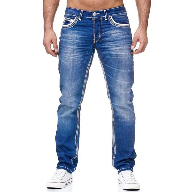 Black men's jeans by Ansoff, 2022 European American style, straight loose fit, breathable denim trousers in blue with wide overalls design.