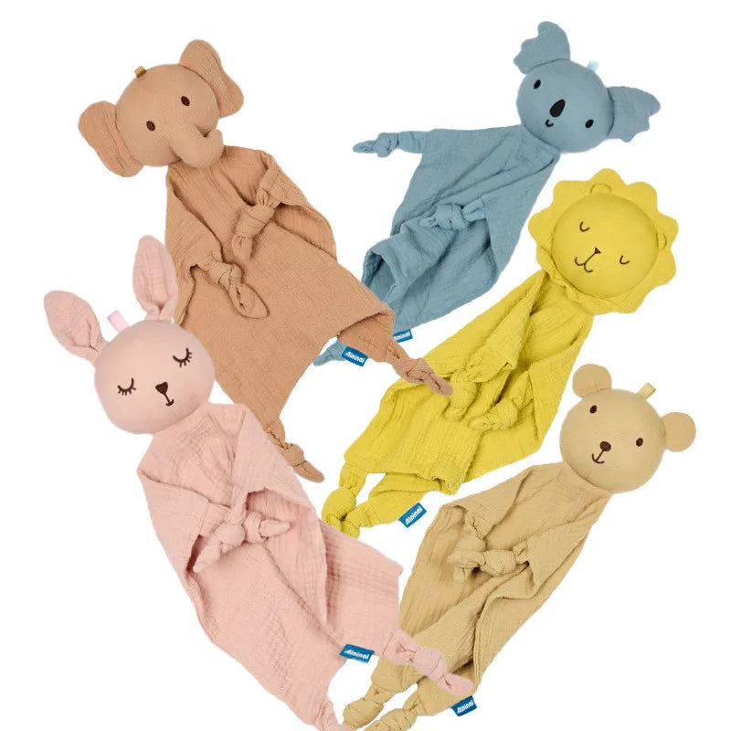 Soft cotton muslin baby security blanket with stuffed animal snuggle toy for newborns, soothing and comforting for sleep.