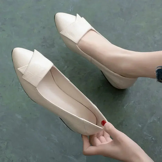 Shoe Women's 2024 New Spring and Autumn Shallow Cut Thick Heel Pointed Toe Women's Shoes Soft Leather Soft Sole Shoes Work Shoes - Acros