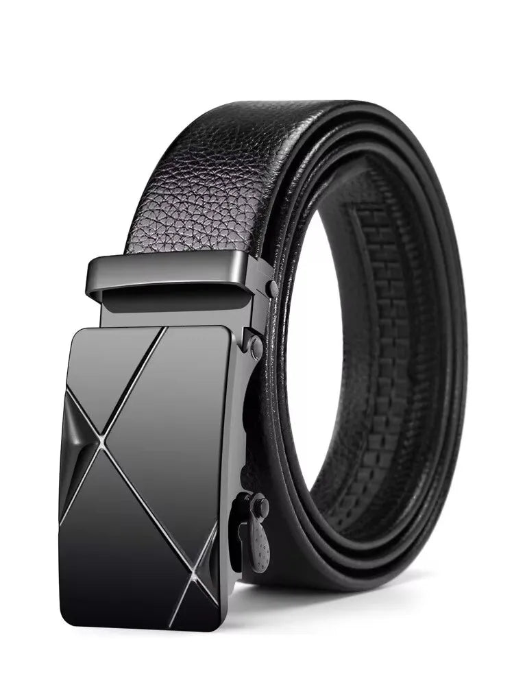 Men's black leather belt by Ansoff with a metal automatic buckle, high-quality luxury design for work and business attire.