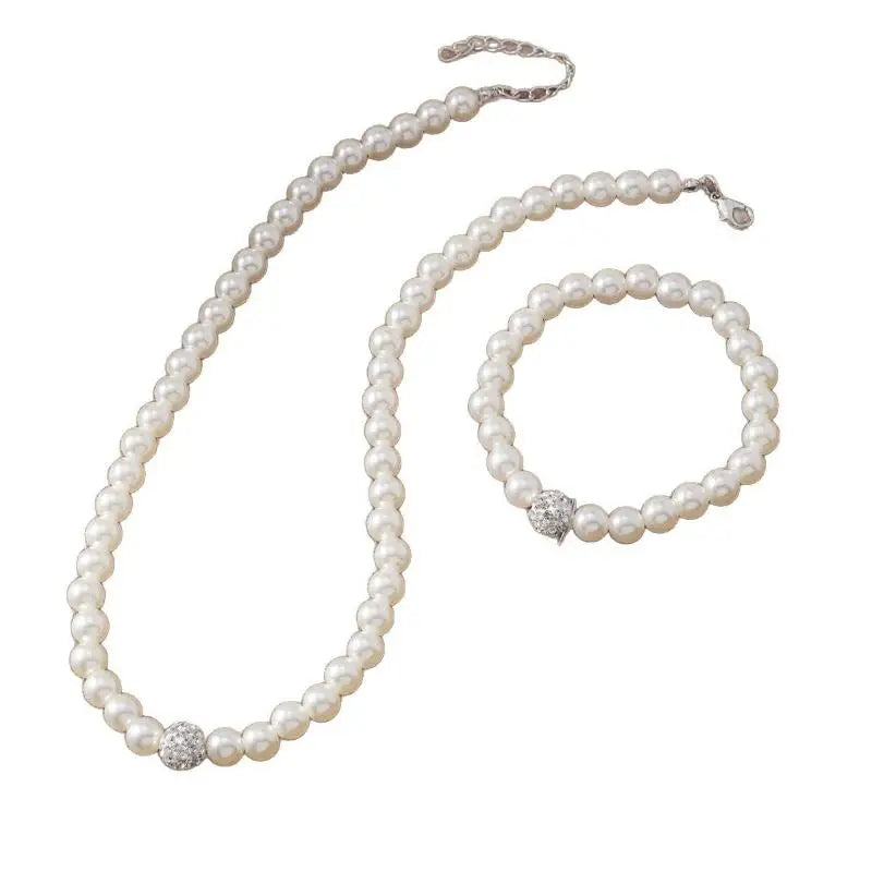 3 PCS Set Imitation Pearl Fireball Necklace Bracelet Earring Stud Jewelry Set Silver Color Crystal Stone Elegant Bridal Jewelry
