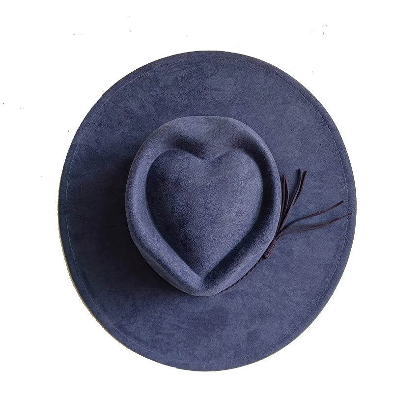 Dark turquoise suede fedora hat with heart and arrow design, suitable for men and women, ideal for autumn and winter wear.