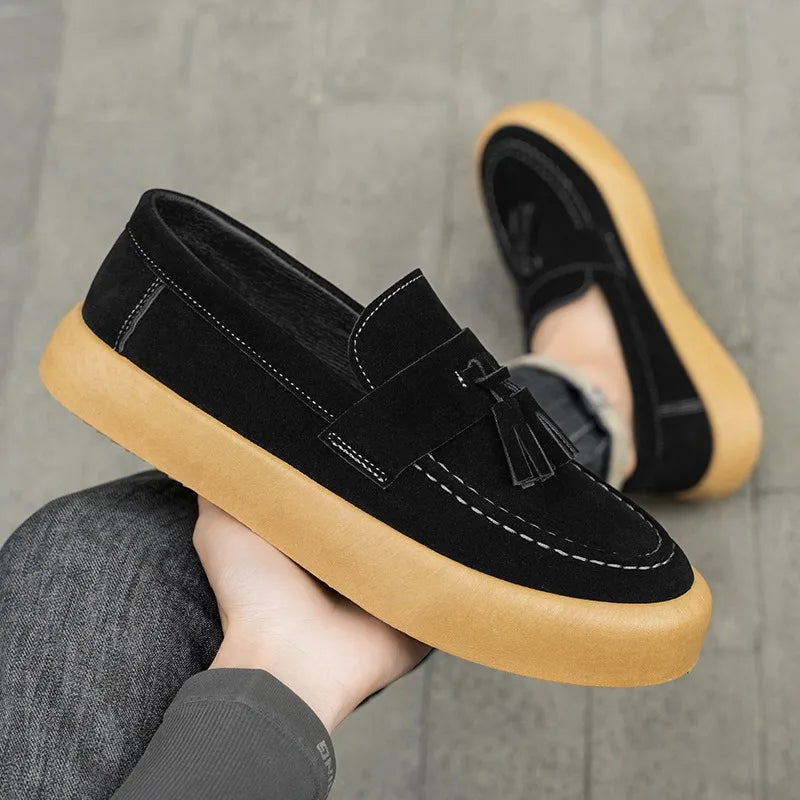 Men's casual suede loafers by Ansoff, slip-on British-style driving shoes with platform soles and trendy shallow design.
