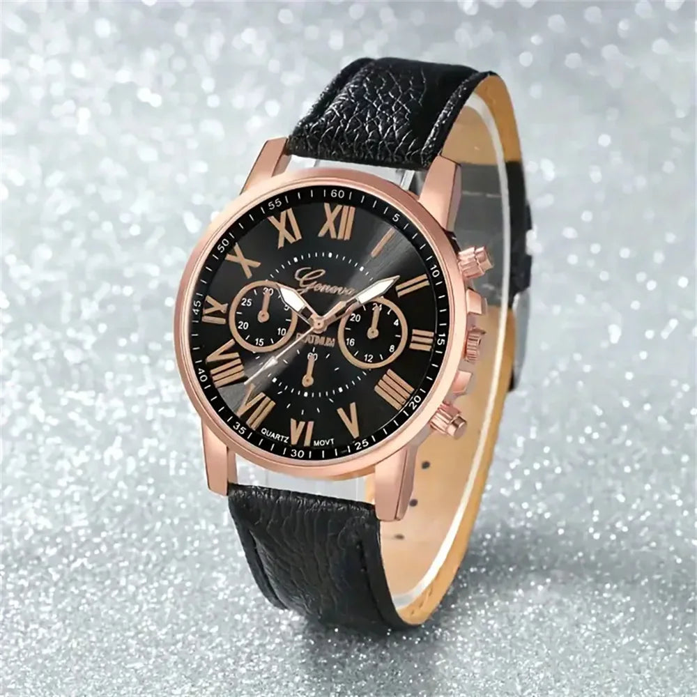 5PCS Women's Watches Fashion Roma Dial Leather Band Quartz Watch (Without Box) - Acros