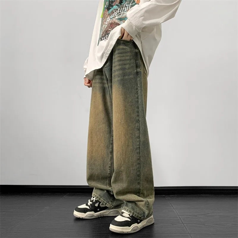 Men's wide-leg denim jeans by Ansoff featuring loose fit, straight cut, vintage blue color, suitable for streetwear fashion.