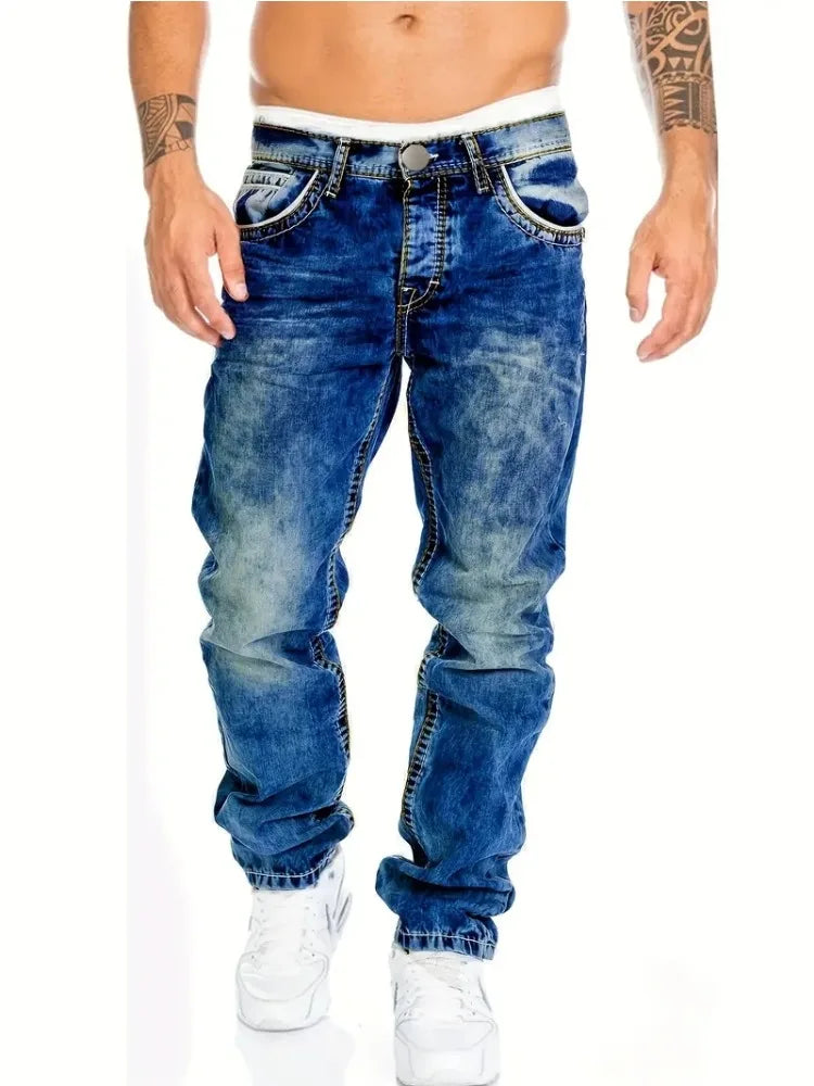 European American Jeans men's slim elastic denim trousers with vintage wash, stylish streetwear fashion, branded by Ansoff.