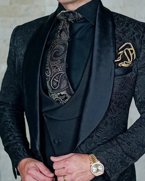 Men's black Italian design wedding suit by Ansoff, 3-piece tuxedo with jacket, vest, and pants, perfect for grooms.