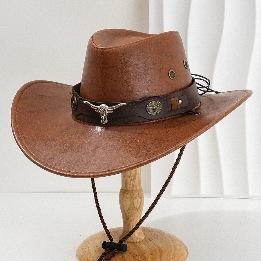 Unisex vintage faux leather western cowboy hat with wide brim and decorative band, suitable for outdoor wear and stylish cowgirl or jazz fashion.