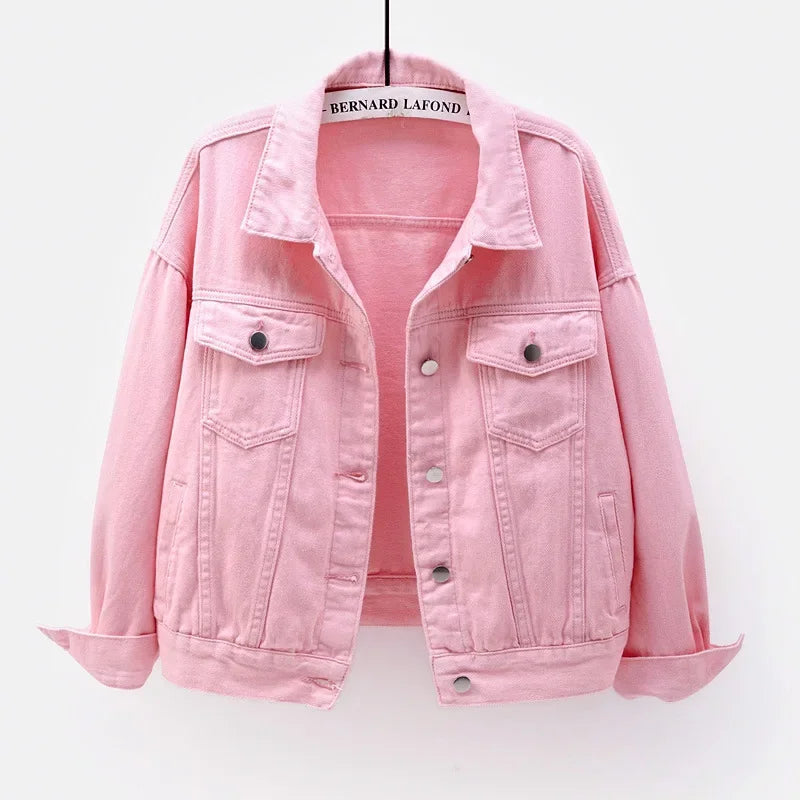 Ansoff classic denim jacket for women in purple, white, and yellow, featuring oversized, loose fit, stylish boyfriend design.