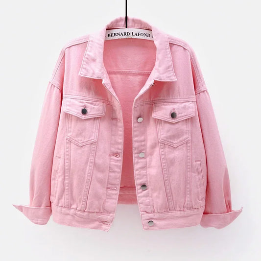 Ansoff classic denim jacket for women in purple, white, and yellow, featuring oversized, loose fit, stylish boyfriend design.