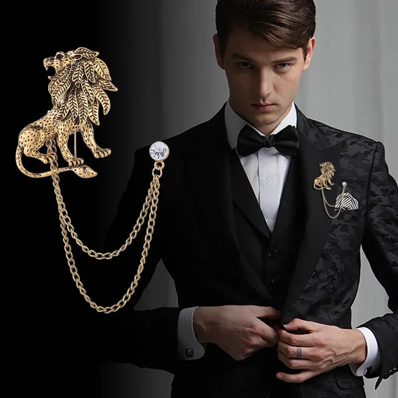 Korean fashion crystal lion brooch with tassel chain, lapel pin for men's shirt collar, British style clothing accessory by Ansoff