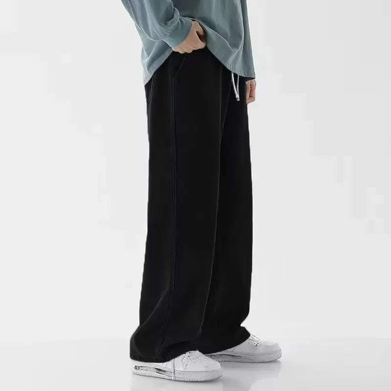 Ansoff men's streetwear loose jeans featuring a wide-leg, straight fit in black and light blue denim, Korean style fashion pants.