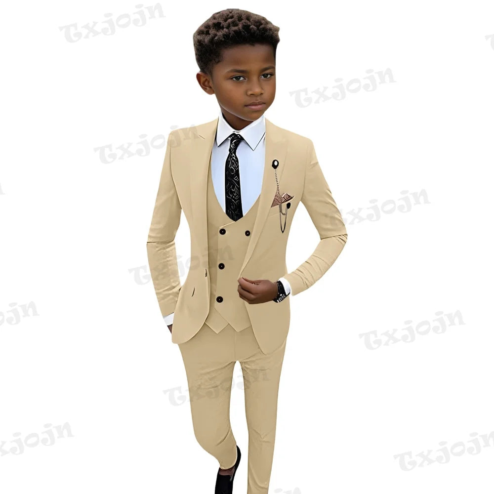 Colorful kids' suit set by Ansoff featuring blazer, vest, pants, and tie, suitable for children 3-14 for birthday parties.