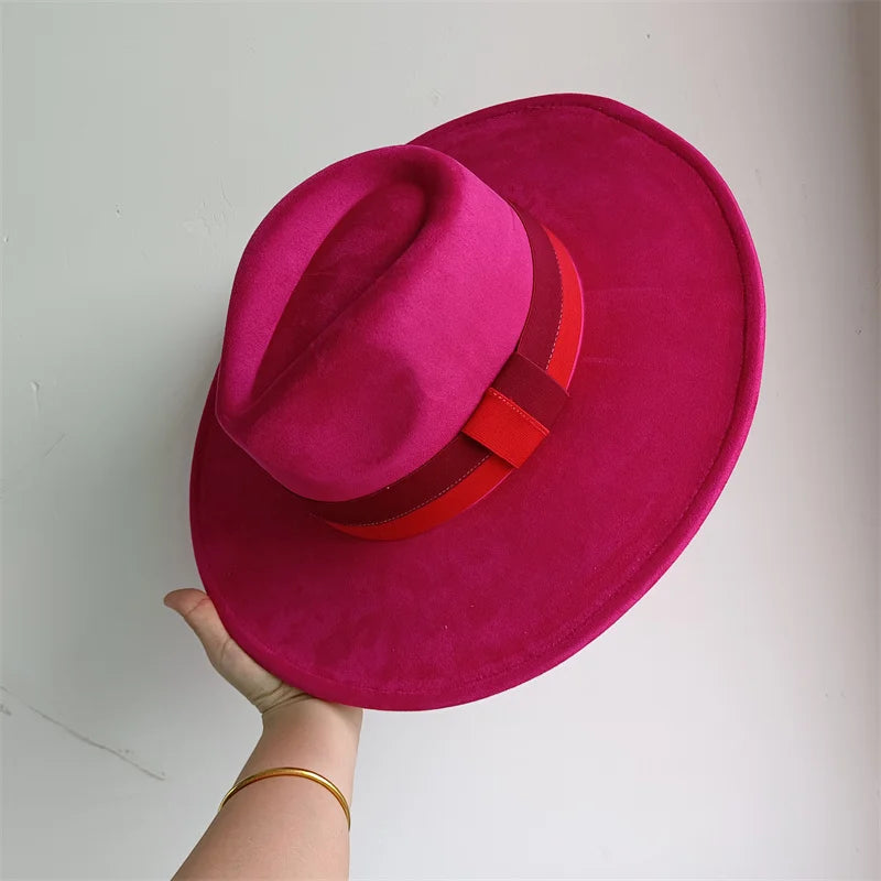 Colorblock ribbon colorful suede felt hat with wide brim, British style for women and men, suitable for autumn and winter.