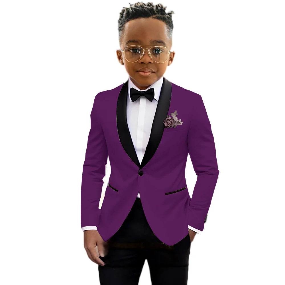 Ansoff boys' slim fit tuxedo suit with shawl lapel, one-button jacket and matching pants for formal occasions and weddings.