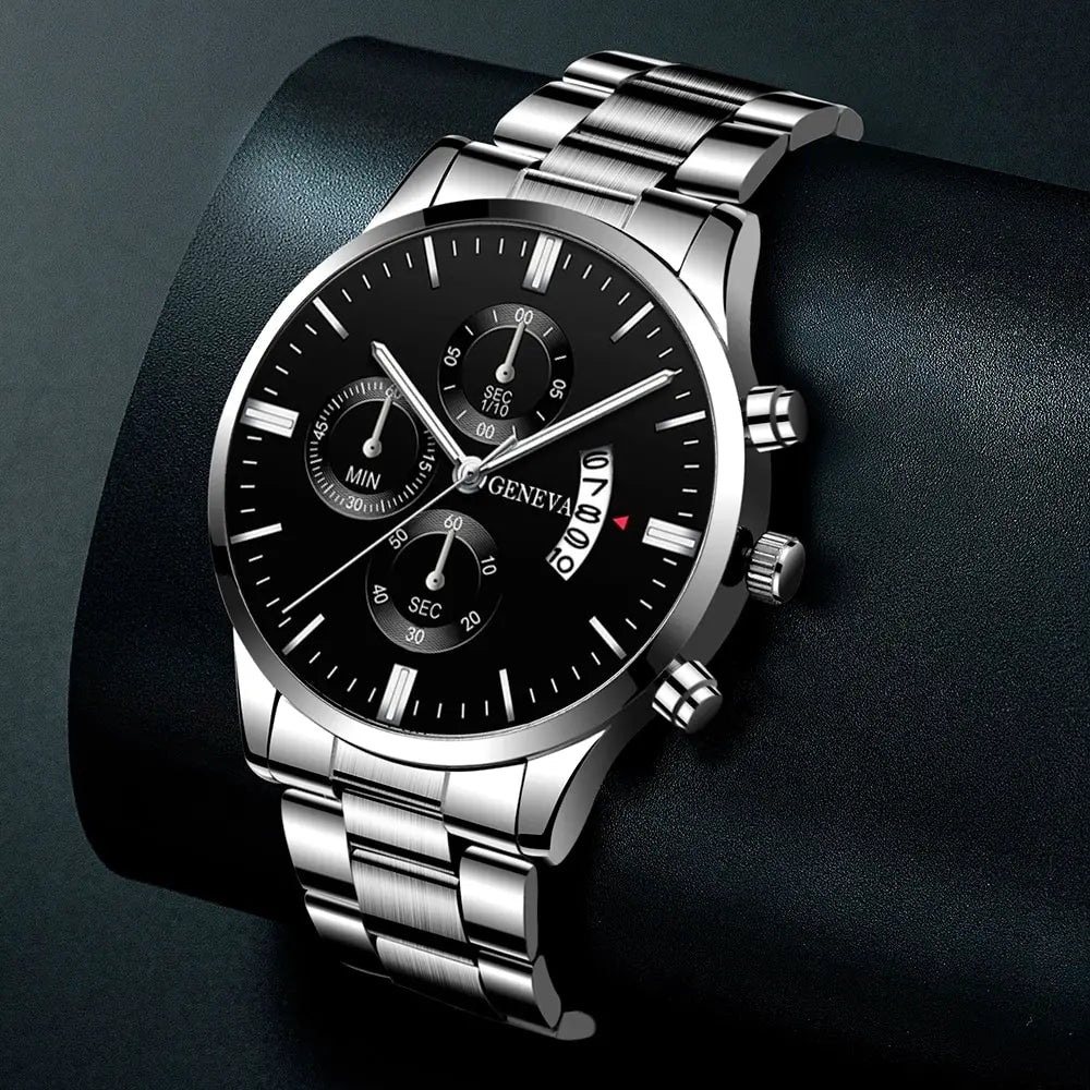 Luxury silver stainless steel men's quartz wrist watch by Ansoff with calendar display and classic business style.