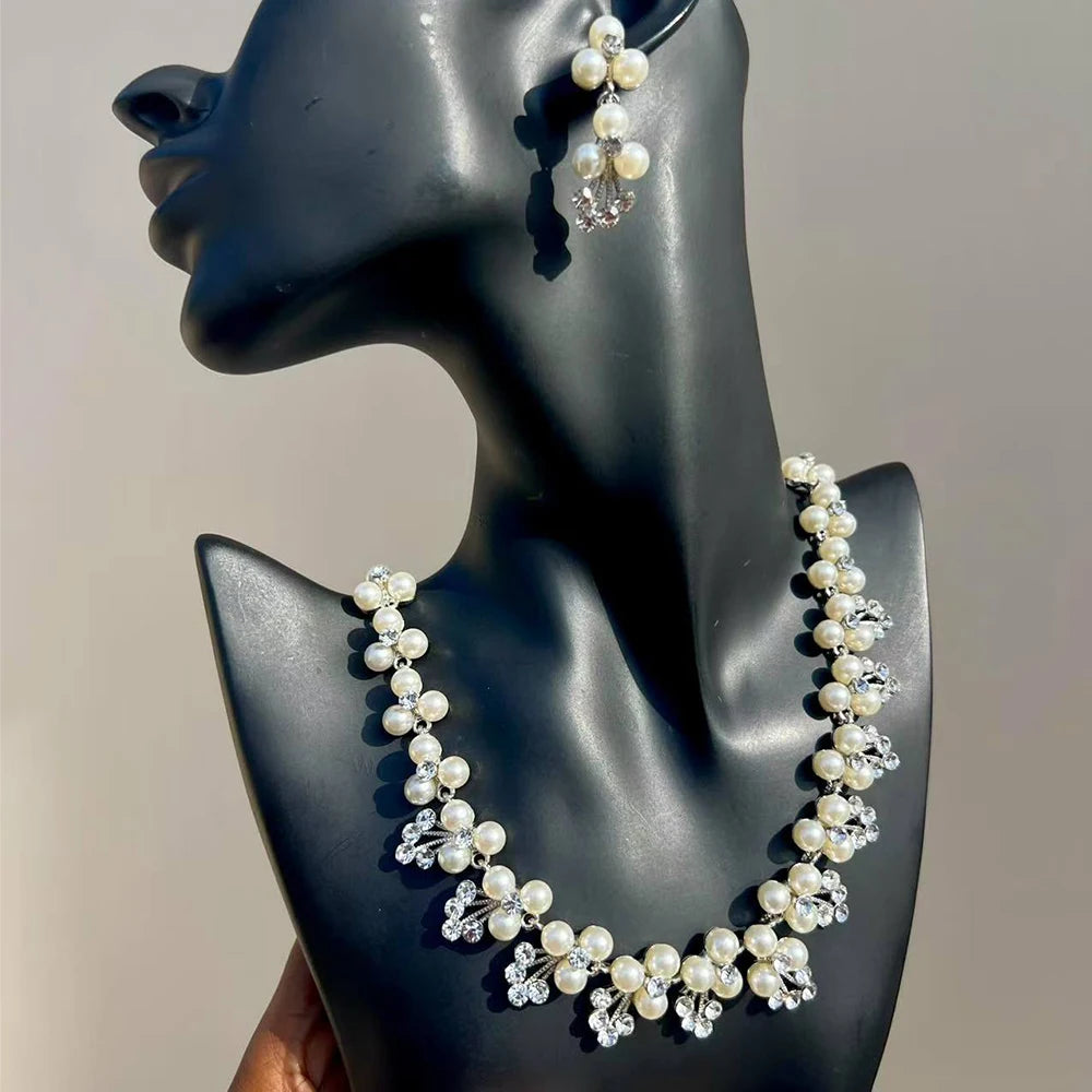 Elegant Imitation Big White Pearl Necklace Earring Jewelry Set for Women Party Wedding Pearl Accessories