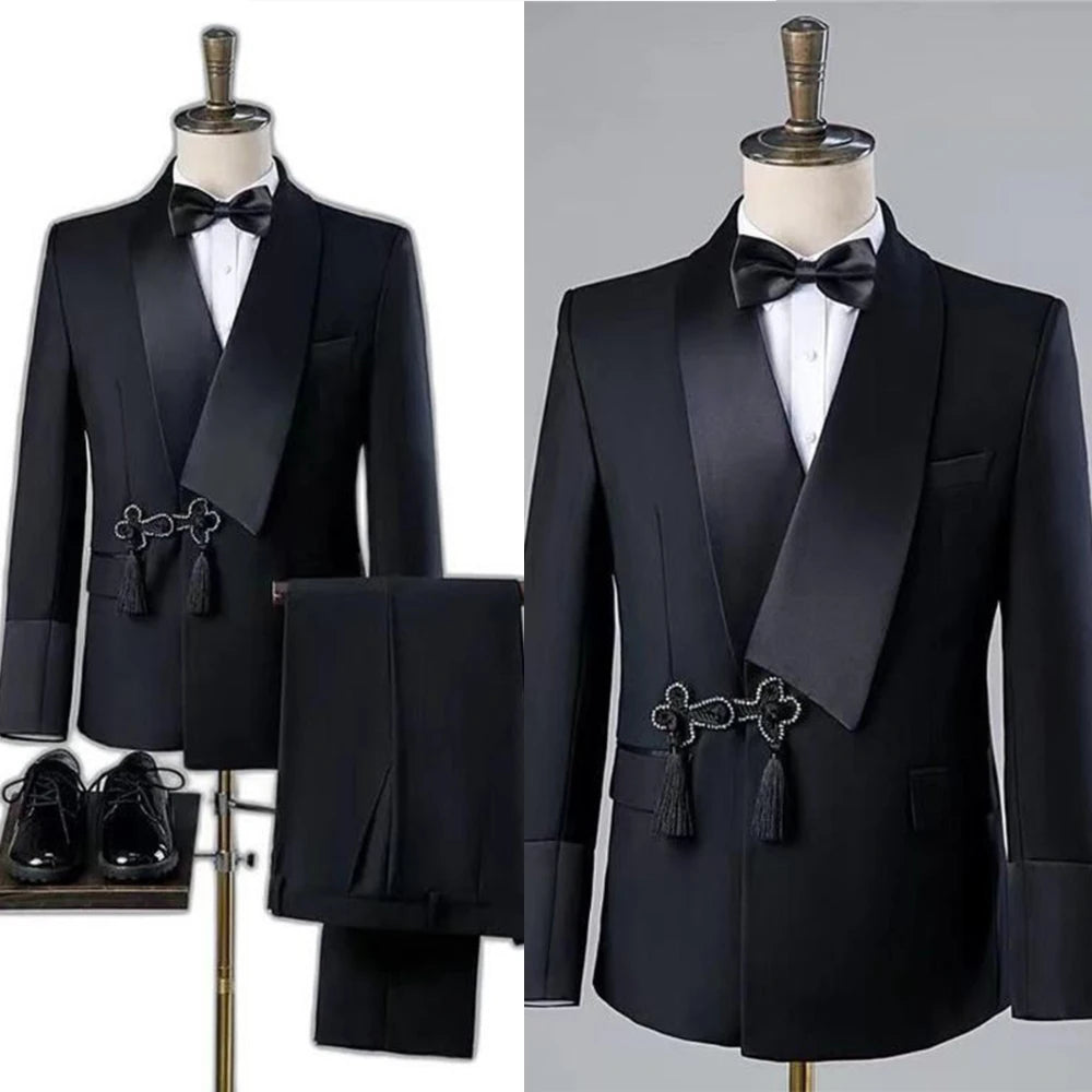Ansoff men's slim fit wedding tuxedo with lapel, one-button blazer, matching pants, and decorative tassel detail for groom attire.