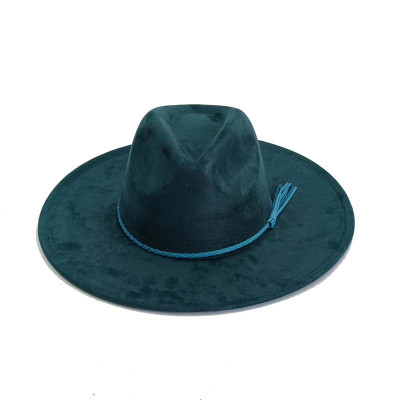 Ansoff men's and women's malachite green suede fedora hat with wide brim, suitable for autumn and winter, classic felt design.