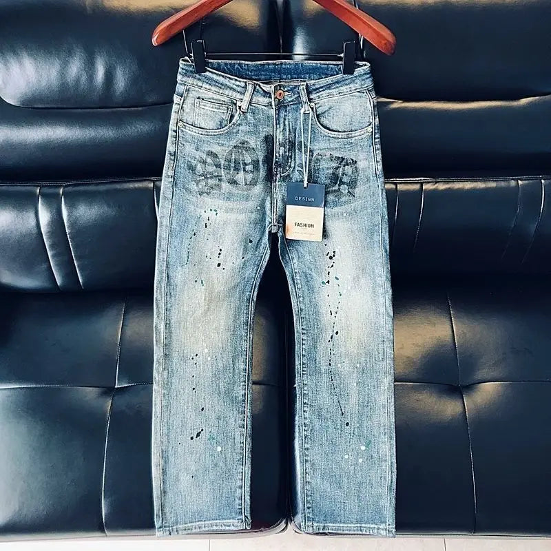 Men's blue jeans by Ansoff featuring cargo style, letter printing, ink splashes, straight-leg fit, perfect for spring and summer wear.
