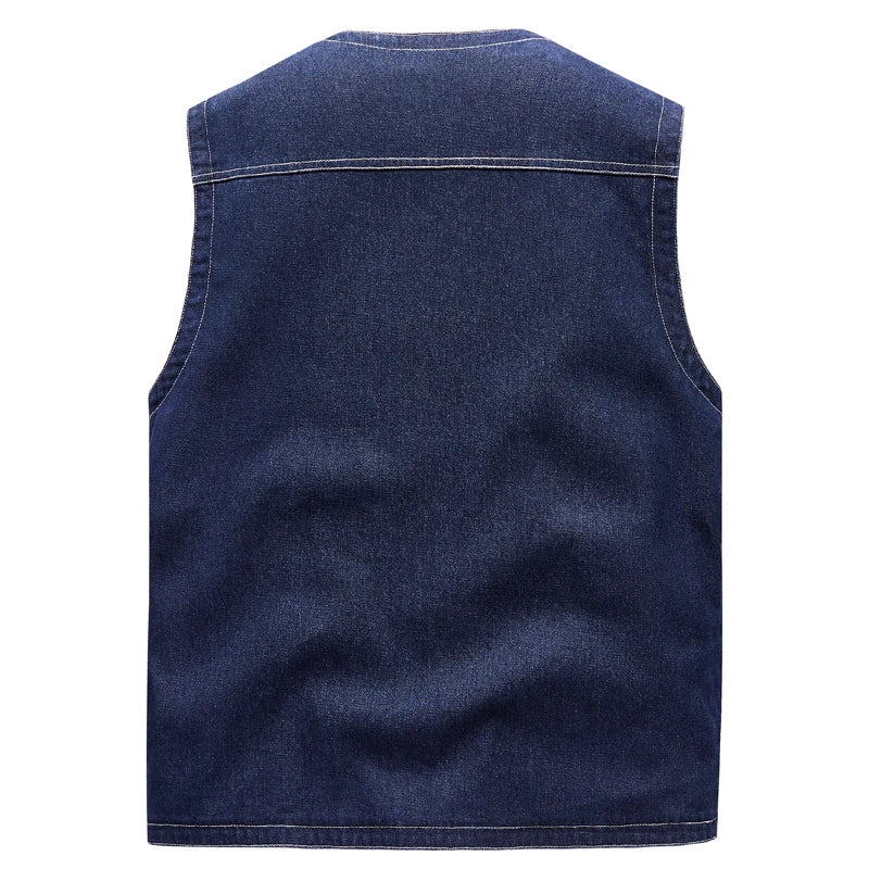 Blue men's denim vest by Ansoff, sleeveless cargo waistcoat with multiple pockets, suitable for motorcycle and casual retro fashion.