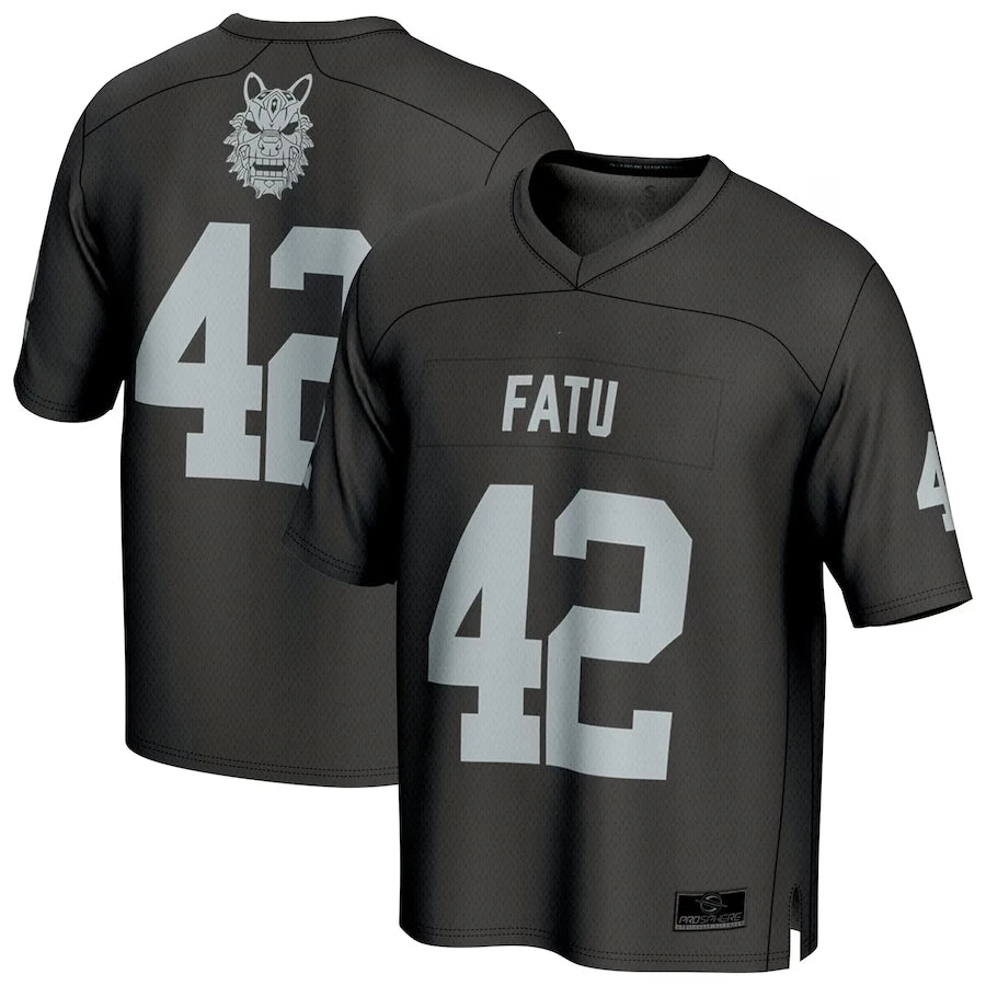 Men's black Jacob Fatu football jersey by Ansoff, stylish loose fit, breathable, sweat-absorbing sportswear for outdoor activities.