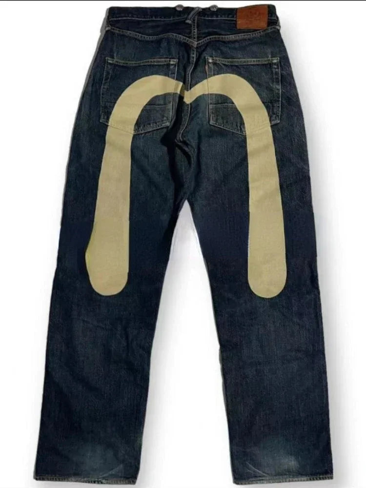Black gothic Y2K wide-leg denim jeans for women by Ansoff, featuring cargo style, punk print, and vintage streetwear design.