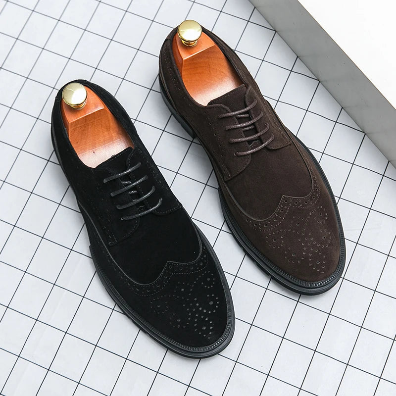 Ansoff men's British style suede leather brogue shoes with thick soles and high wear resistance, classic Oxford design.