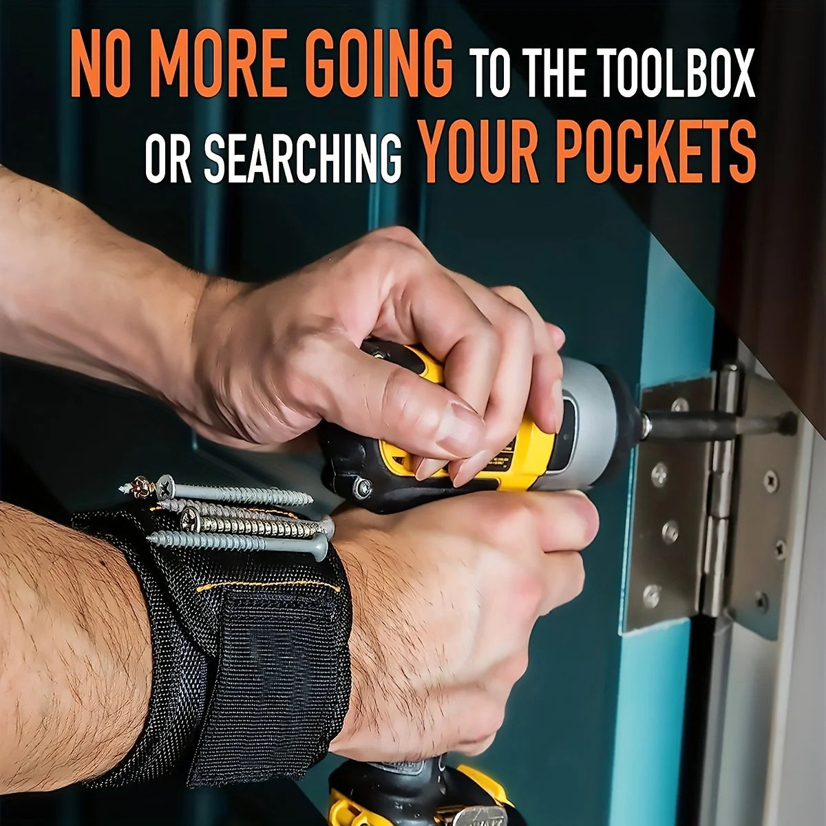 Ansoff magnetic wristband holding screws, nails, and drill bits with strong magnets, worn on a man's or woman's wrist for convenient tool access.