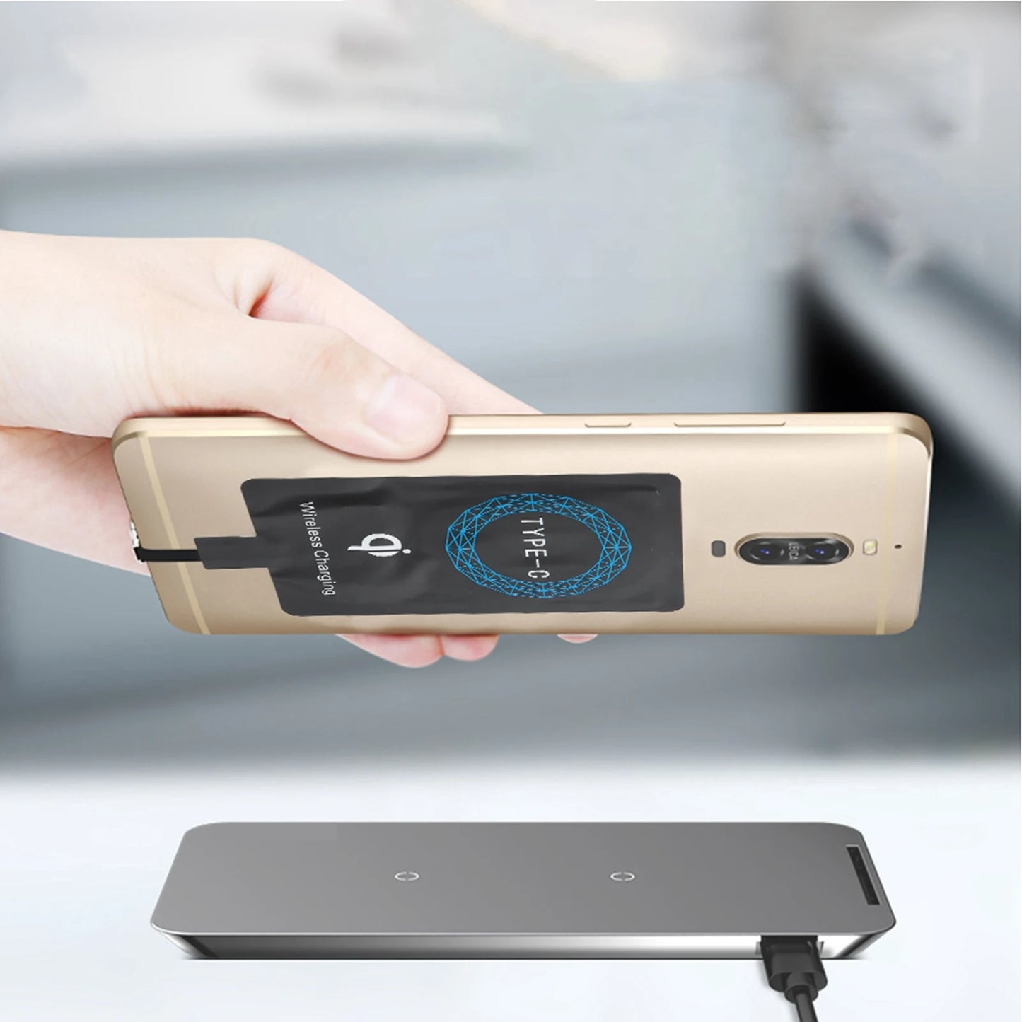 Ansoff 2-piece Type C wireless charger adapter and portable charging receiver for Type C mobile phones, compatible with wireless charging.
