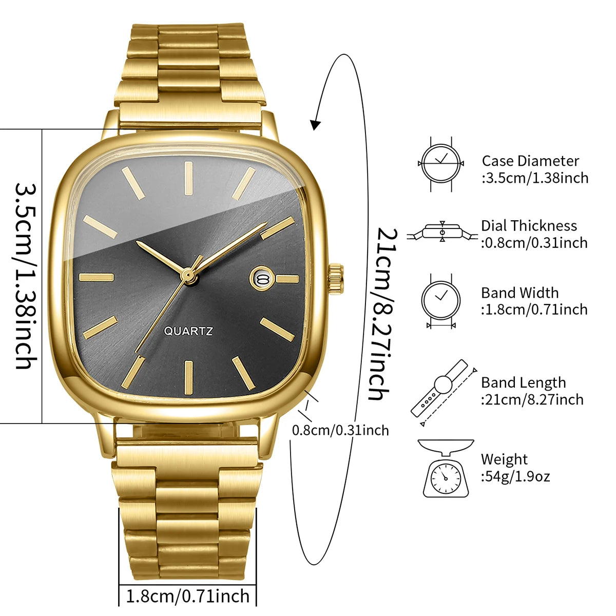 Ansoff men's fashion square business watch with analog display, calendar, and quartz movement, featuring a sleek black strap.