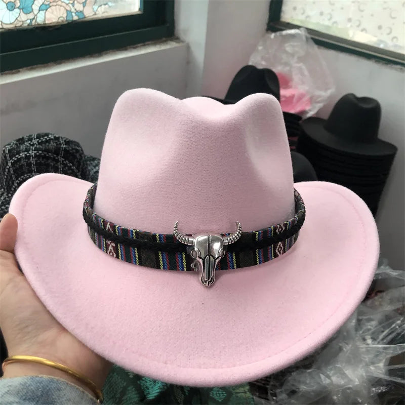 Monochrome felt cowboy hat with cow head design, large brim, outdoor style for men and women by Ansoff