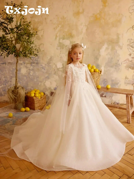 New Arrival Captivating Beaded Princess Gown For Kids Birthday Party Sweet Elegant Cape Sleeve Girls Dresses Performance Wear